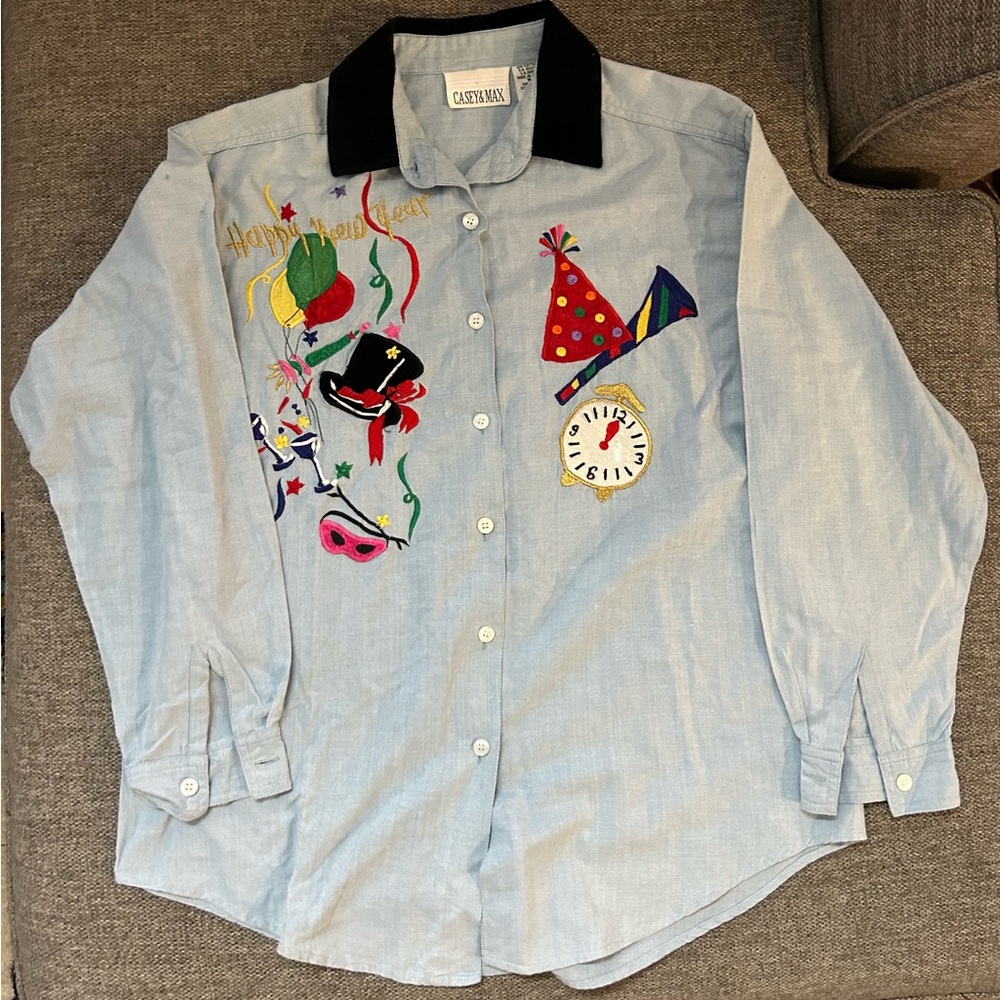 90s vintage Casey and max happy new year long sleeved soft denim shirt.